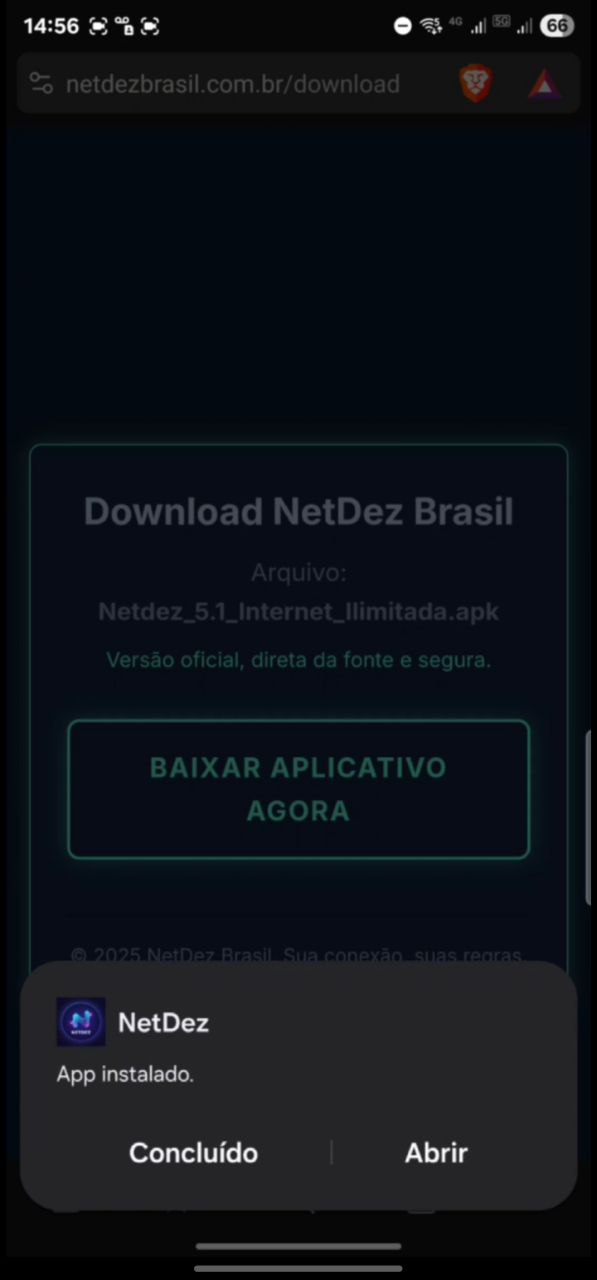 Tela de confirmação de instalação bem-sucedida do aplicativo com o botão 'Abrir'.