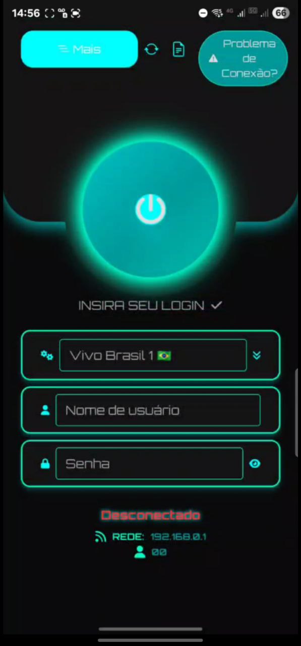 Tela do aplicativo com os campos de nome de usuário e senha em destaque.