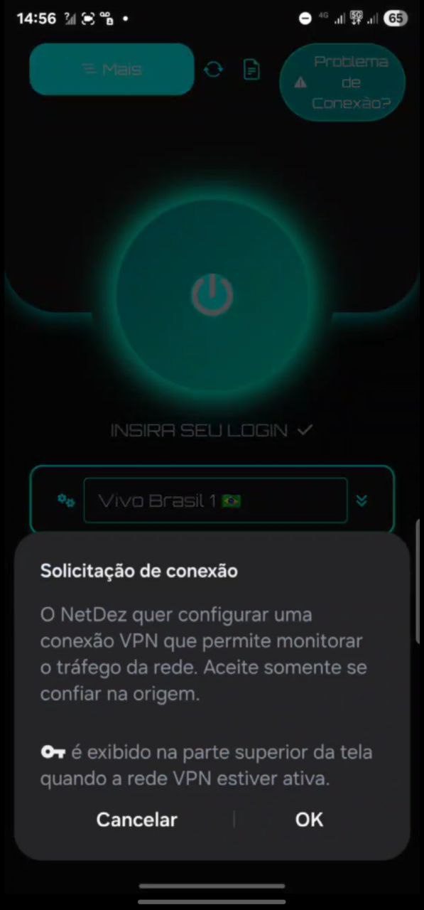 Pop-up do sistema Android solicitando autorização para estabelecer uma conexão VPN.