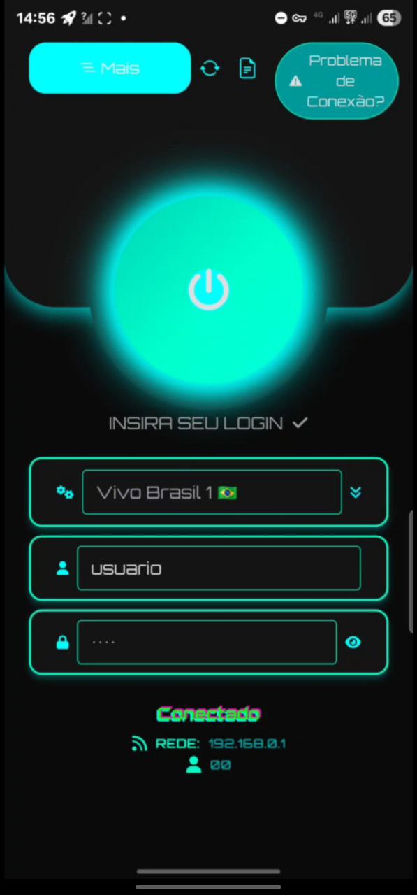 Tela do aplicativo NetDez mostrando o status 'Conectado' em verde e tempo de conexão.