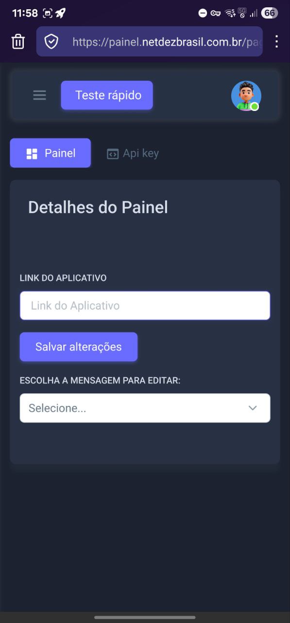 Tela de configuração do painel, com link do aplicativo e mensagens personalizadas.