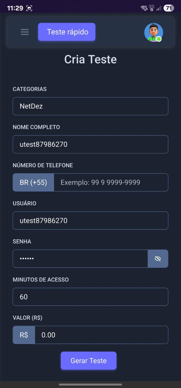 Tela de criação de um teste de degustação.