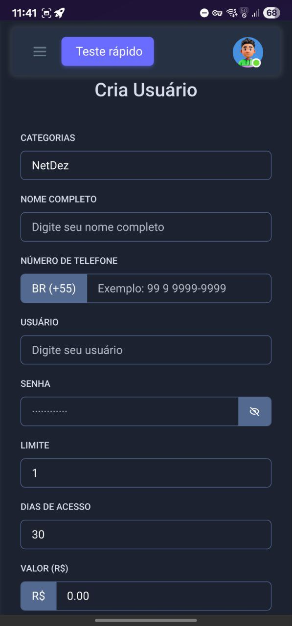Tela de criação de um novo usuário.